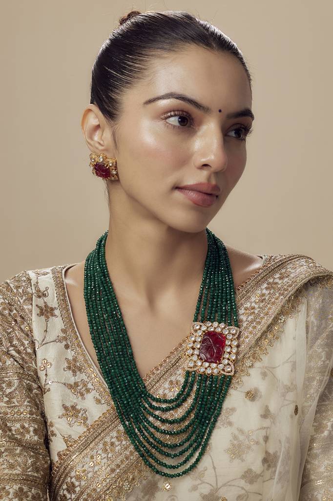 Vivinia By Vidhi Mehra Antara Gold Plated Green Womens Kundan, Polki Mala Necklace Set With Pair Of Earrings -Vn800 : VN800