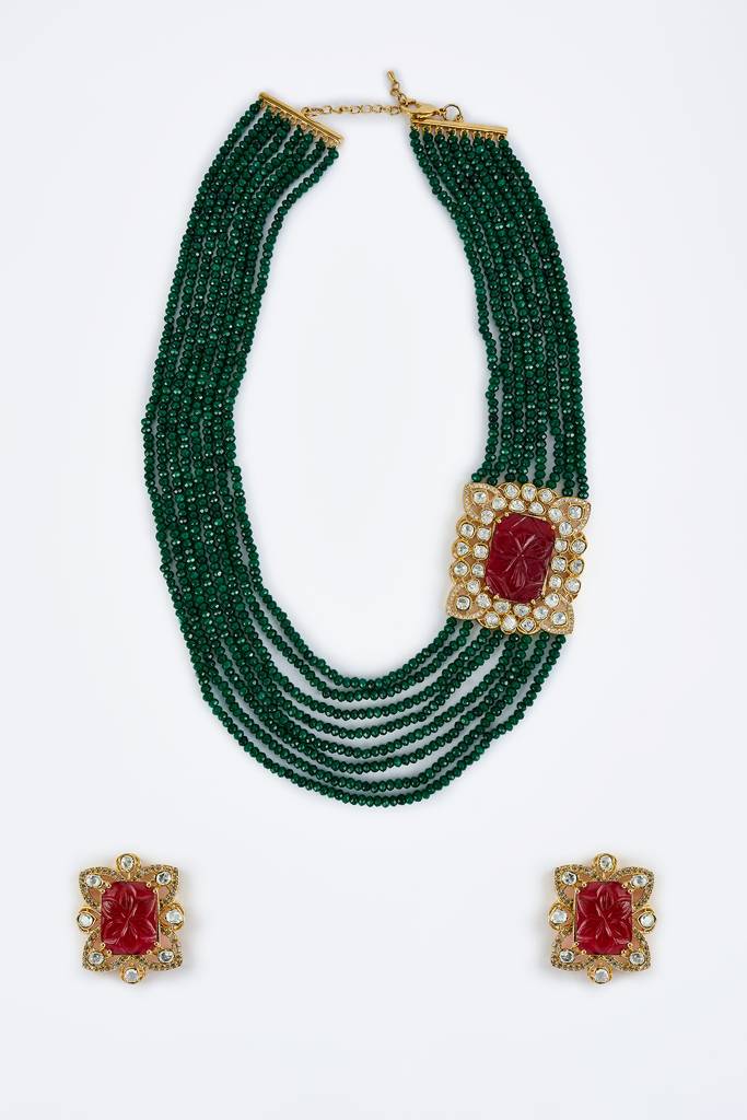 Vivinia By Vidhi Mehra Antara Gold Plated Green Womens Kundan, Polki Mala Necklace Set With Pair Of Earrings -Vn800 : VN800