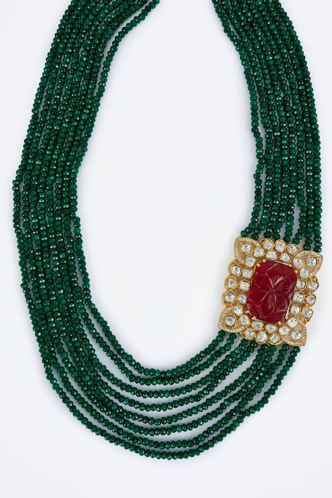 Vivinia By Vidhi Mehra Antara Gold Plated Green Womens Kundan, Polki Mala Necklace Set With Pair Of Earrings -Vn800 : VN800