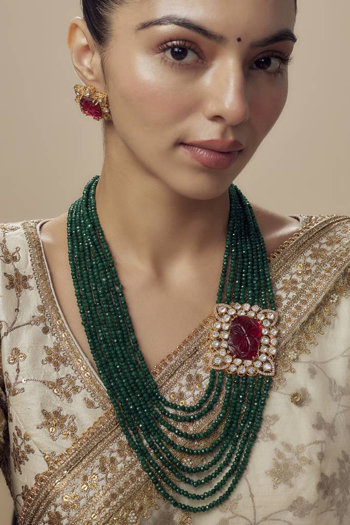 Vivinia By Vidhi Mehra Antara Gold Plated Green Womens Kundan, Polki Mala Necklace Set With Pair Of Earrings -Vn800 : VN800