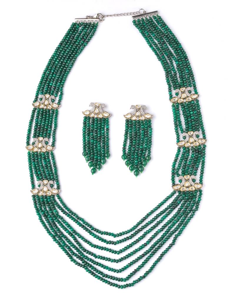 Vivinia By Vidhi Mehra Gold Plated Green Womens Long Necklace Set With Pair Of Earrings-Vn811 : VN811