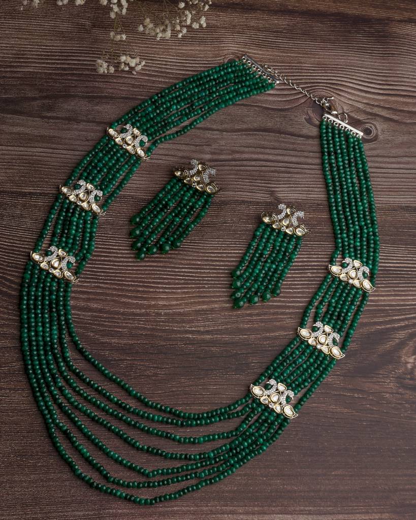 Vivinia By Vidhi Mehra Gold Plated Green Womens Long Necklace Set With Pair Of Earrings-Vn811 : VN811