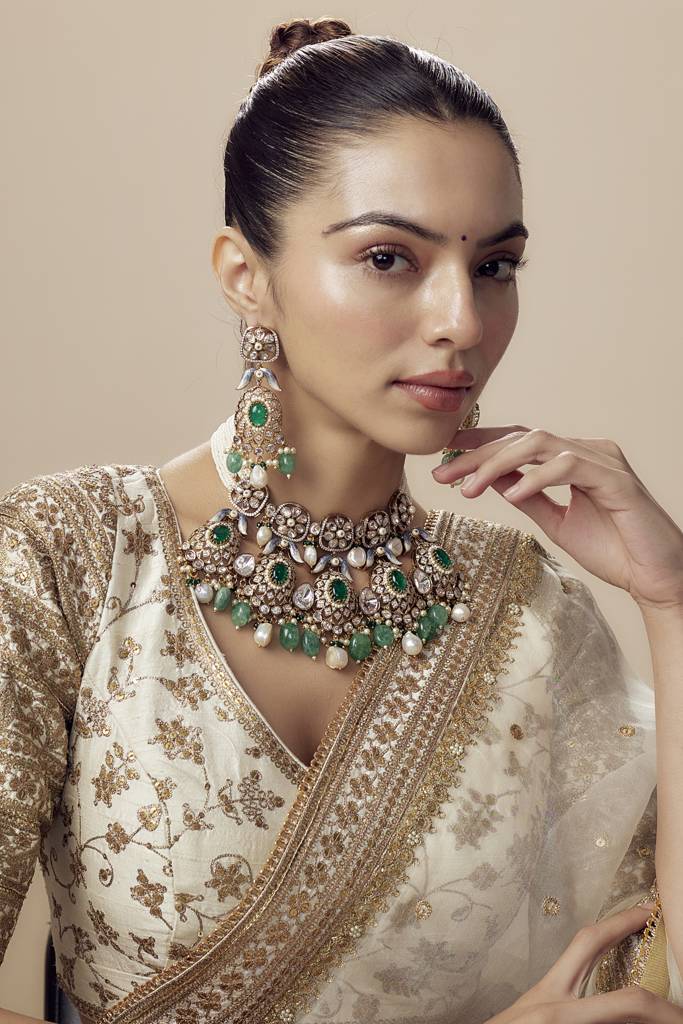 Vivinia By Vidhi Mehra Florence Gold Plated Green Womens Kundan, Polki Short Necklace Set With Pair Of Earrings -Vn812 : VN812