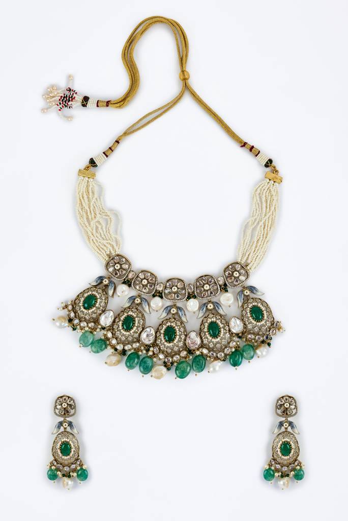 Vivinia By Vidhi Mehra Florence Gold Plated Green Womens Kundan, Polki Short Necklace Set With Pair Of Earrings -Vn812 : VN812
