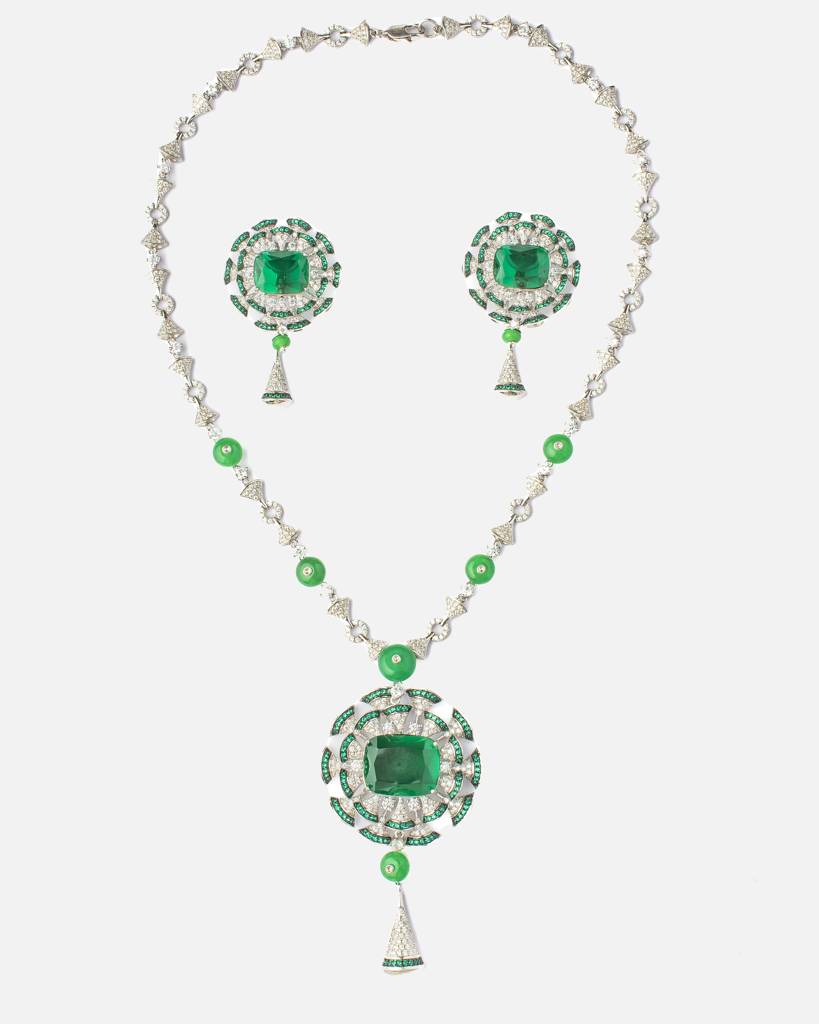 Vivinia By Vidhi Mehra Zia Silver Plated Green Womens Zircon Long Necklace Set With Pair Of Earrings -Vn814 : VN814
