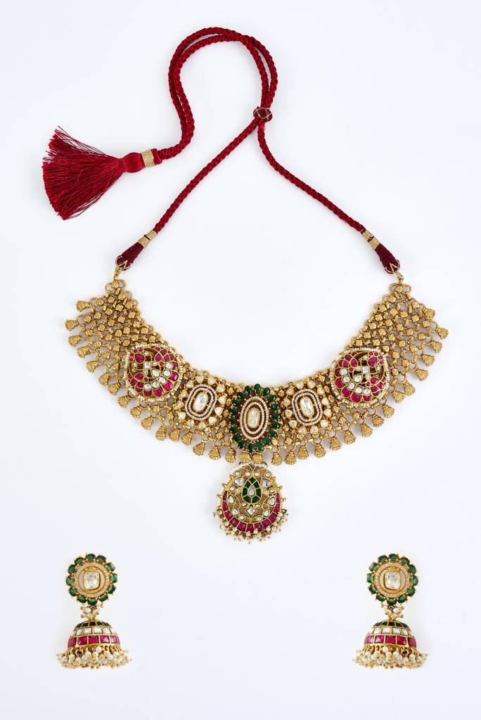 Vivinia By Vidhi Mehra Morpankh Gold Plated Multicolored Womens Kundan, Polki Short Necklace Set With Pair Of Earrings : VN820