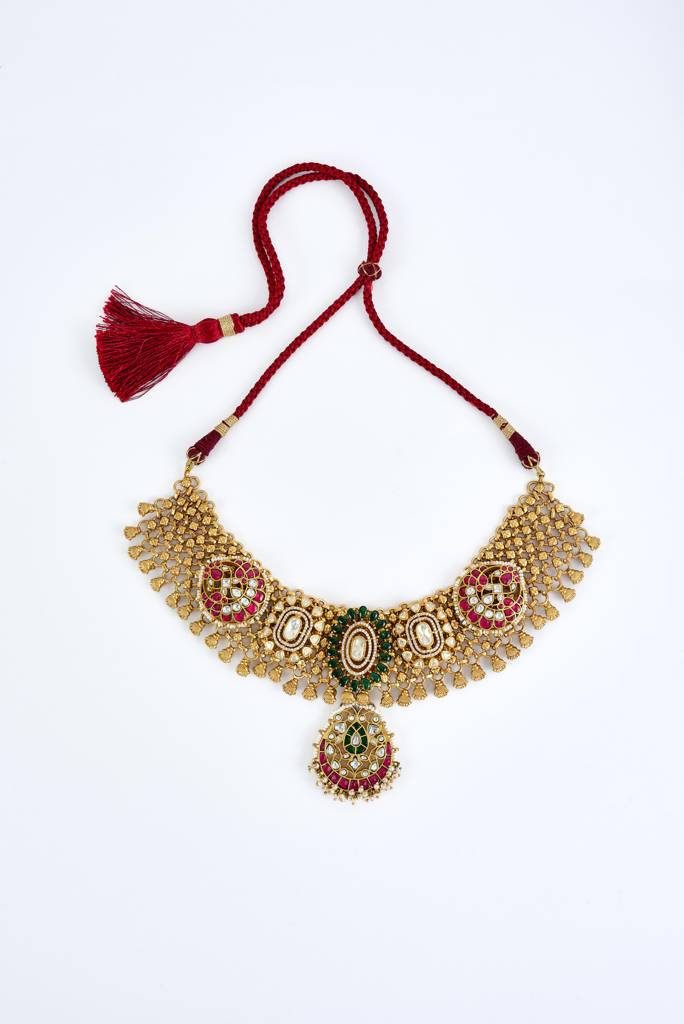 Vivinia By Vidhi Mehra Morpankh Gold Plated Multicolored Womens Kundan, Polki Short Necklace Set With Pair Of Earrings : VN820