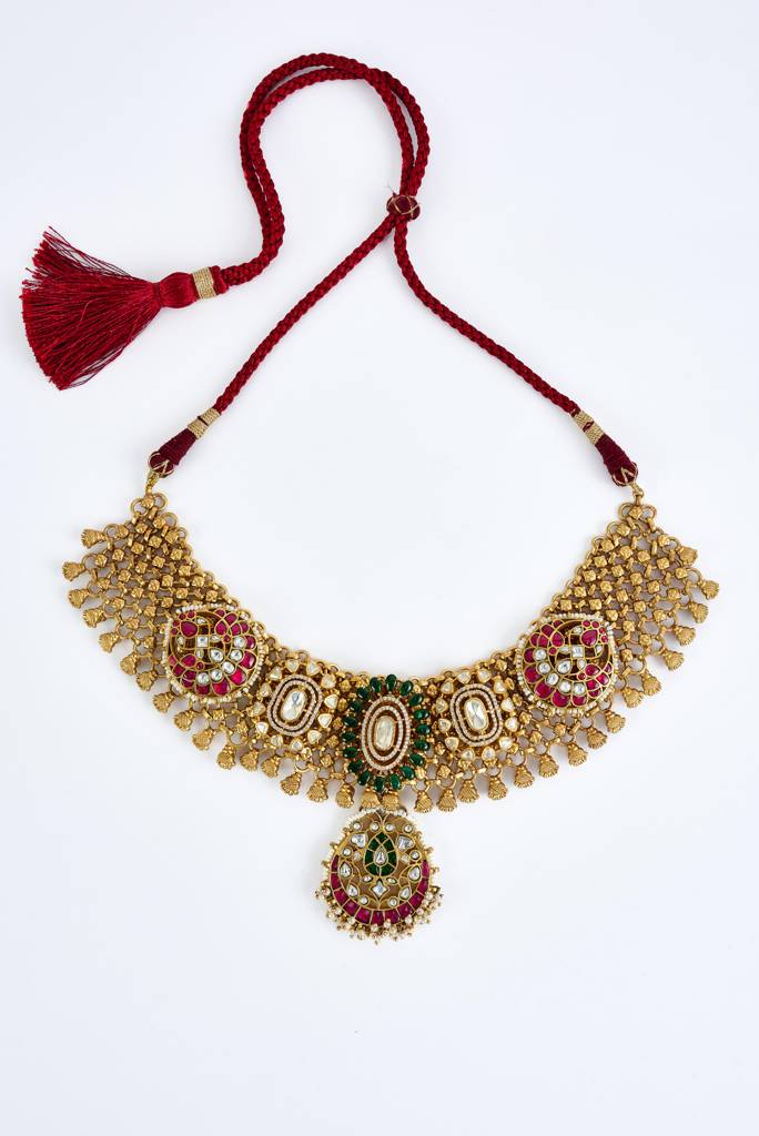Vivinia By Vidhi Mehra Morpankh Gold Plated Multicolored Womens Kundan, Polki Short Necklace Set With Pair Of Earrings : VN820