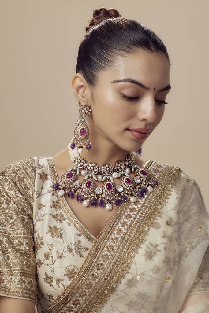 Vivinia By Vidhi Mehra Florence Gold Plated Purple Womens Kundan, Polki Short Necklace Set With Pair Of Earrings -Vn821 : VN821