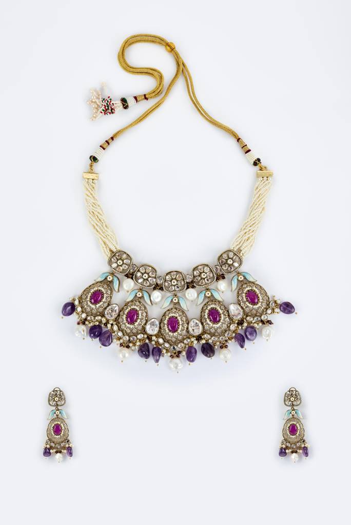 Vivinia By Vidhi Mehra Florence Gold Plated Purple Womens Kundan, Polki Short Necklace Set With Pair Of Earrings -Vn821 : VN821