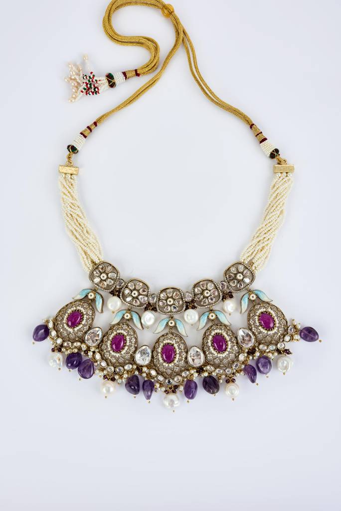 Vivinia By Vidhi Mehra Florence Gold Plated Purple Womens Kundan, Polki Short Necklace Set With Pair Of Earrings -Vn821 : VN821