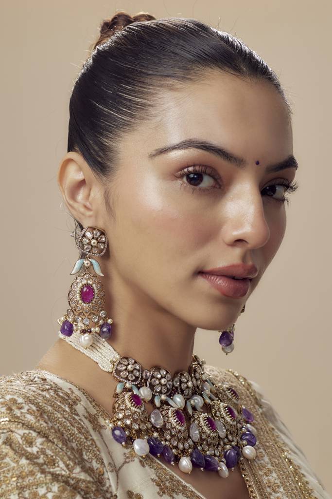 Vivinia By Vidhi Mehra Florence Gold Plated Purple Womens Kundan, Polki Short Necklace Set With Pair Of Earrings -Vn821 : VN821