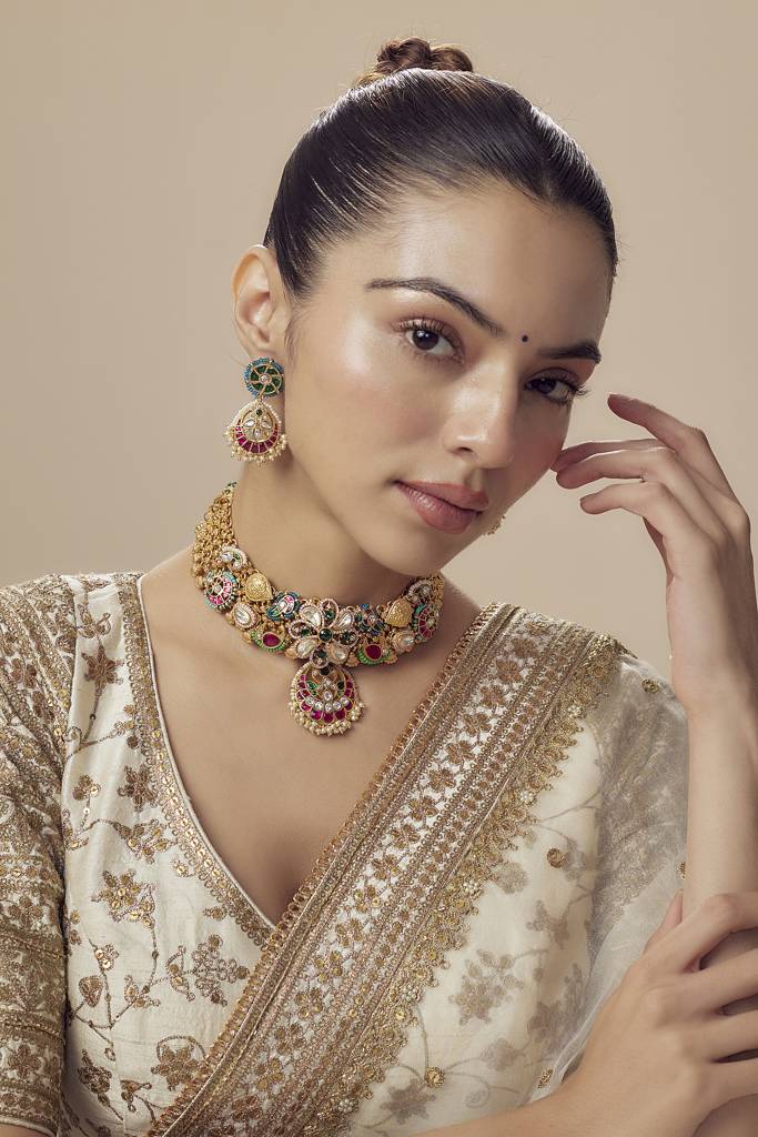 Vivinia By Vidhi Mehra Morpankh Gold Plated Multi Womens Kundan, Polki Short Necklace Set With Pair Of Earrings -Vn835 : VN835