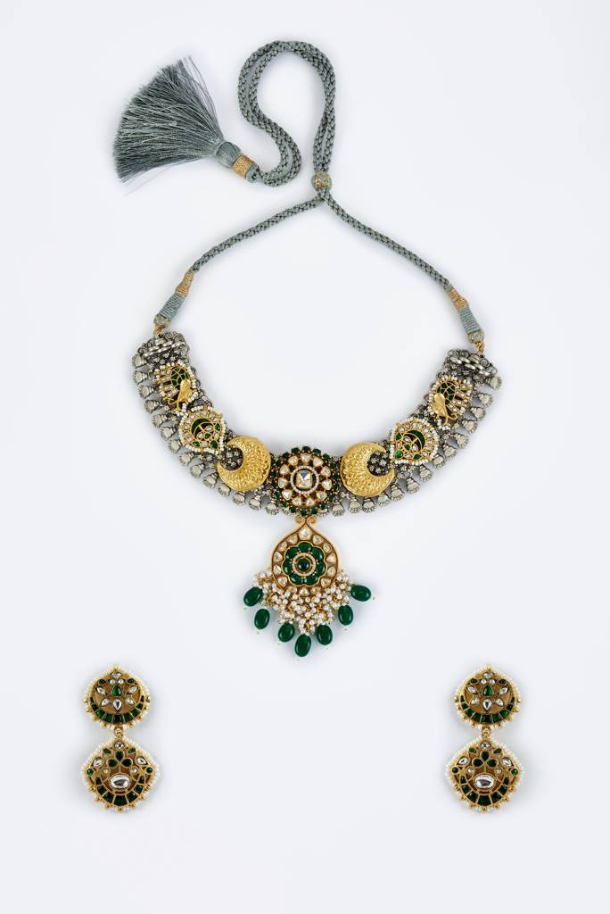 Vivinia By Vidhi Mehra Morpankh Gold Plated Green Womens Kundan, Polki Short Necklace Set With Pair Of Earrings -Vn838 : VN838