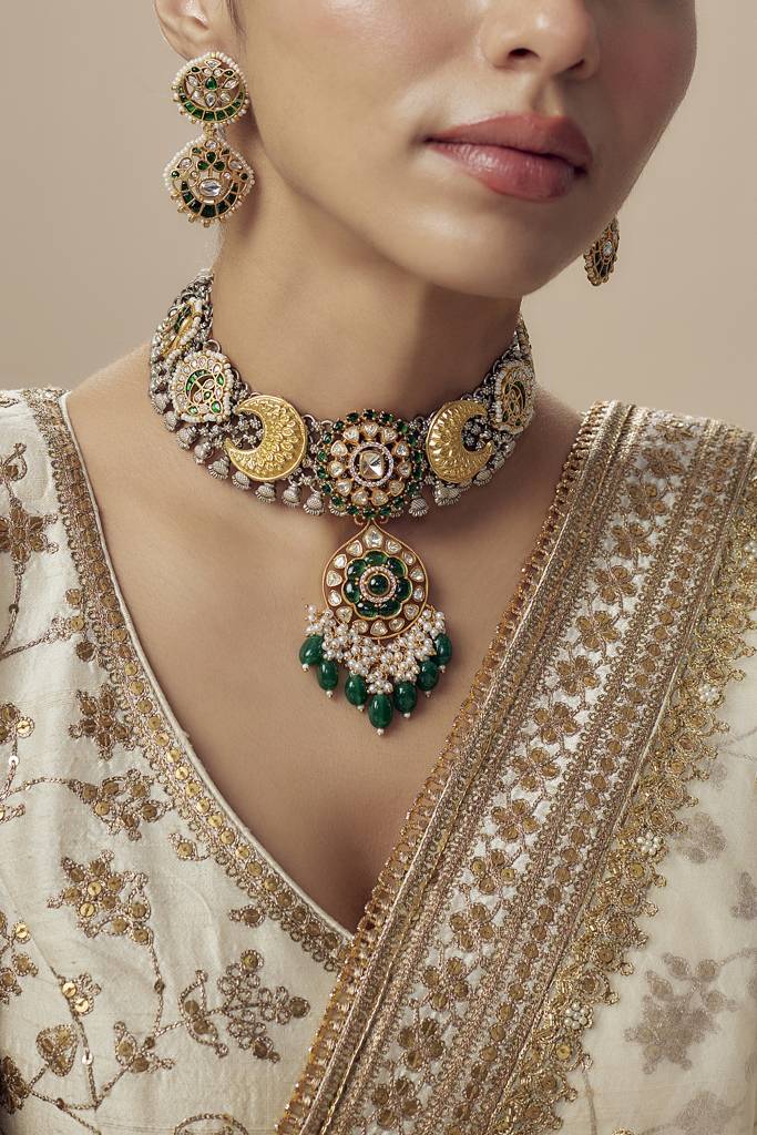 Vivinia By Vidhi Mehra Morpankh Gold Plated Green Womens Kundan, Polki Short Necklace Set With Pair Of Earrings -Vn838 : VN838