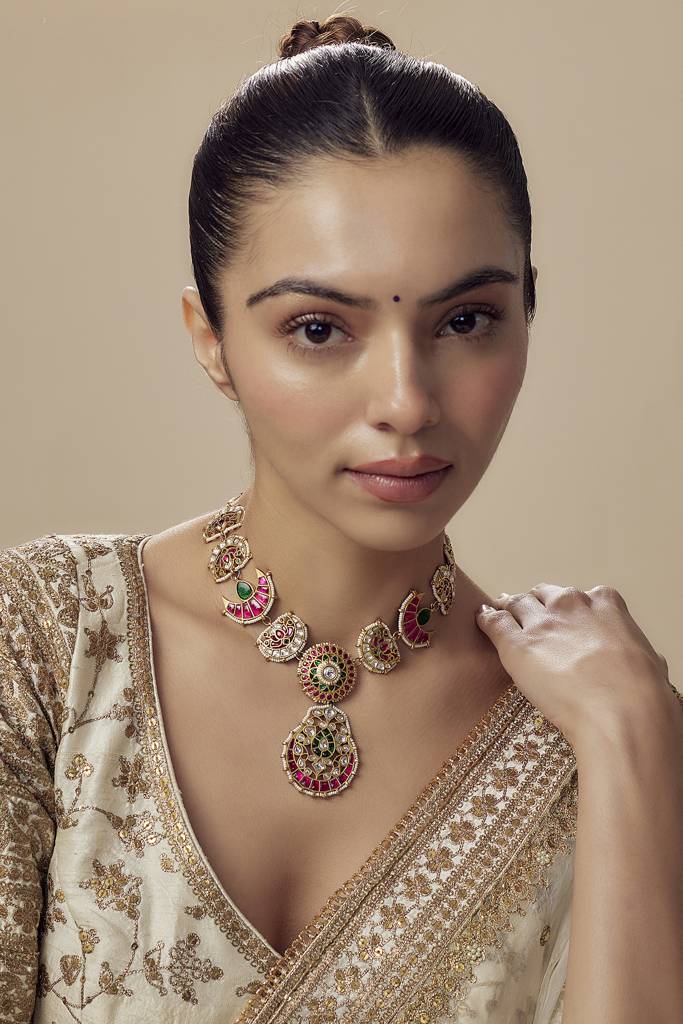 Vivinia By Vidhi Mehra Morpankh Gold Plated Multi Womens Kundan, Polki Short Necklace Set -Vn841 : VN841