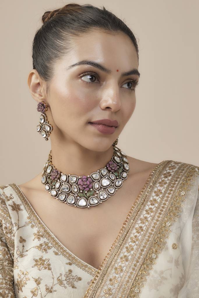 Vivinia By Vidhi Mehra Florence Silver Plated Pink Womens Kundan, Polki Short Necklace Set With Pair Of Earrings -Vn854 : VN854