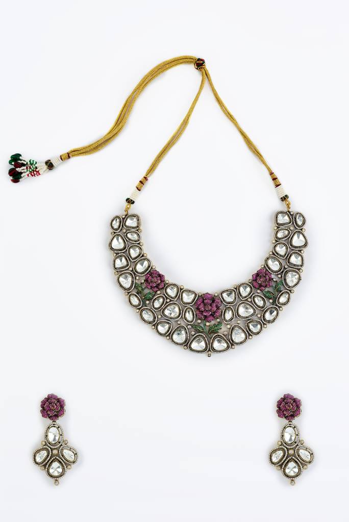 Vivinia By Vidhi Mehra Florence Silver Plated Pink Womens Kundan, Polki Short Necklace Set With Pair Of Earrings -Vn854 : VN854