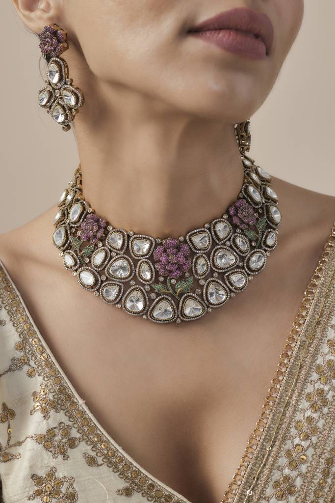 Vivinia By Vidhi Mehra Florence Silver Plated Pink Womens Kundan, Polki Short Necklace Set With Pair Of Earrings -Vn854 : VN854