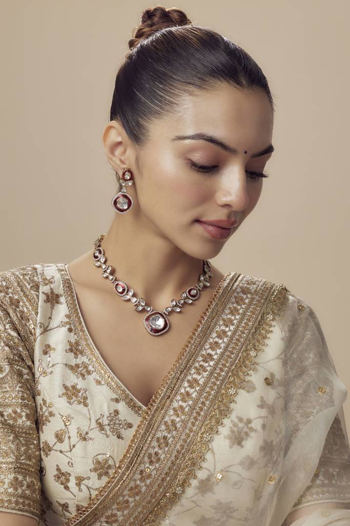 Vivinia By Vidhi Mehra Burgandi Gold Plated Red Womens Kundan, Polki Short Necklace Set With Pair Of Earrings -Vn857 : VN857