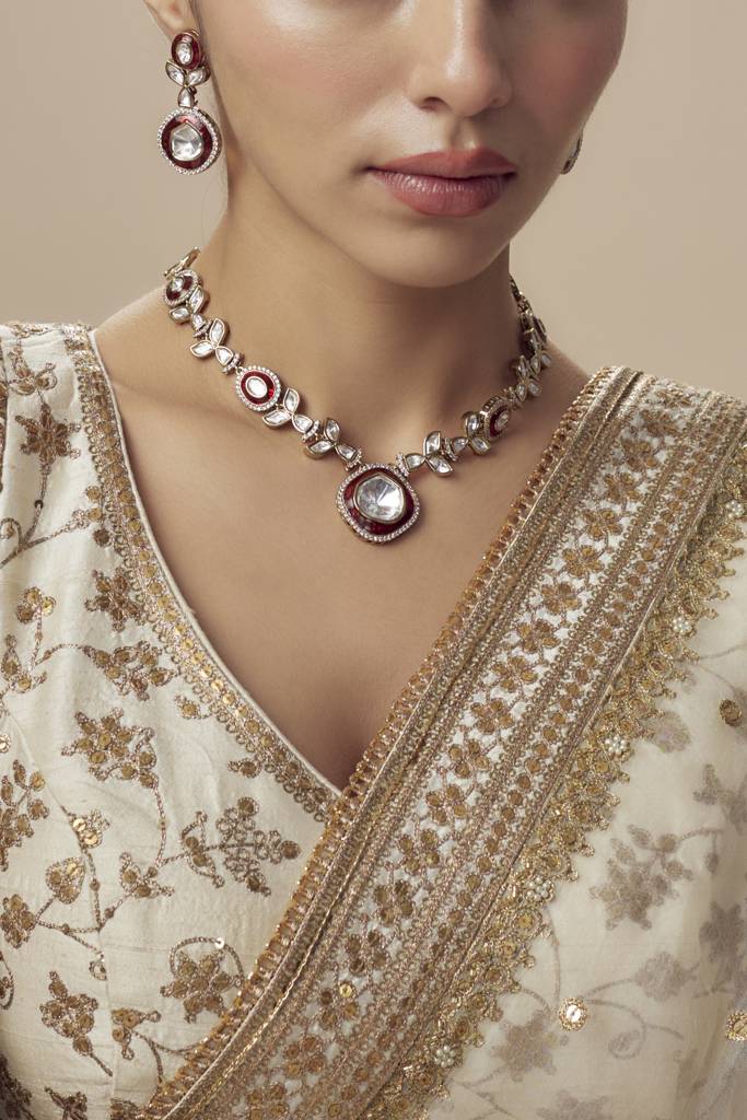 Vivinia By Vidhi Mehra Burgandi Gold Plated Red Womens Kundan, Polki Short Necklace Set With Pair Of Earrings -Vn857 : VN857