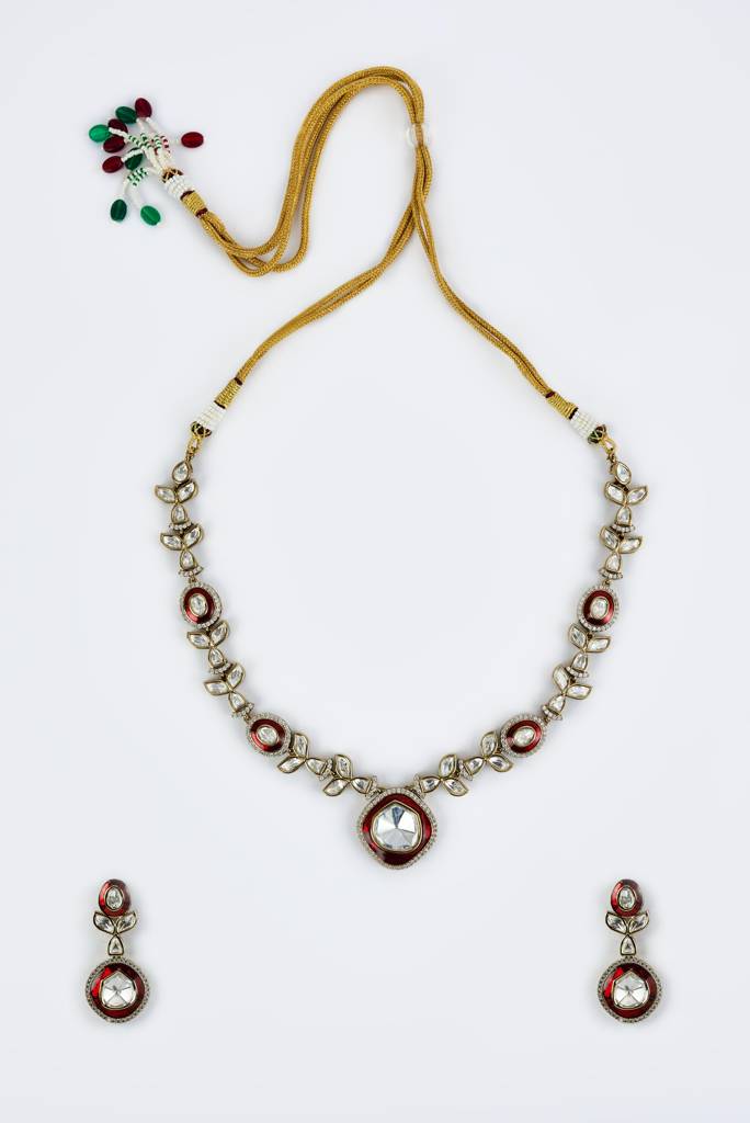 Vivinia By Vidhi Mehra Burgandi Gold Plated Red Womens Kundan, Polki Short Necklace Set With Pair Of Earrings -Vn857 : VN857