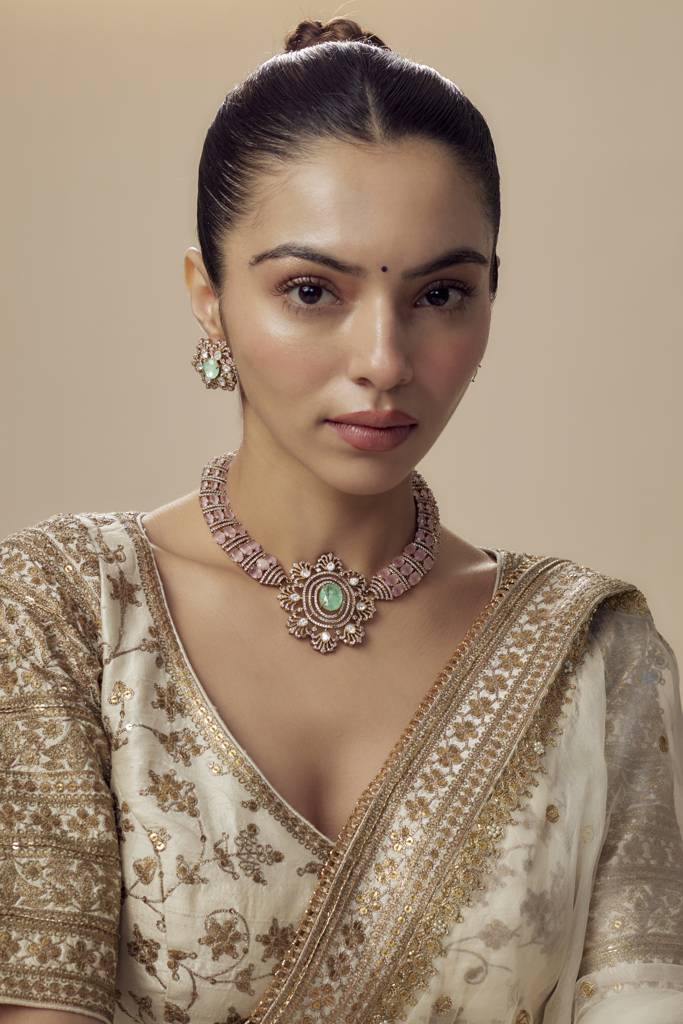 Vivinia By Vidhi Mehra Florence Gold Plated Green Womens Kundan, Polki Short Necklace Set With Pair Of Earrings -Vn859 : VN859