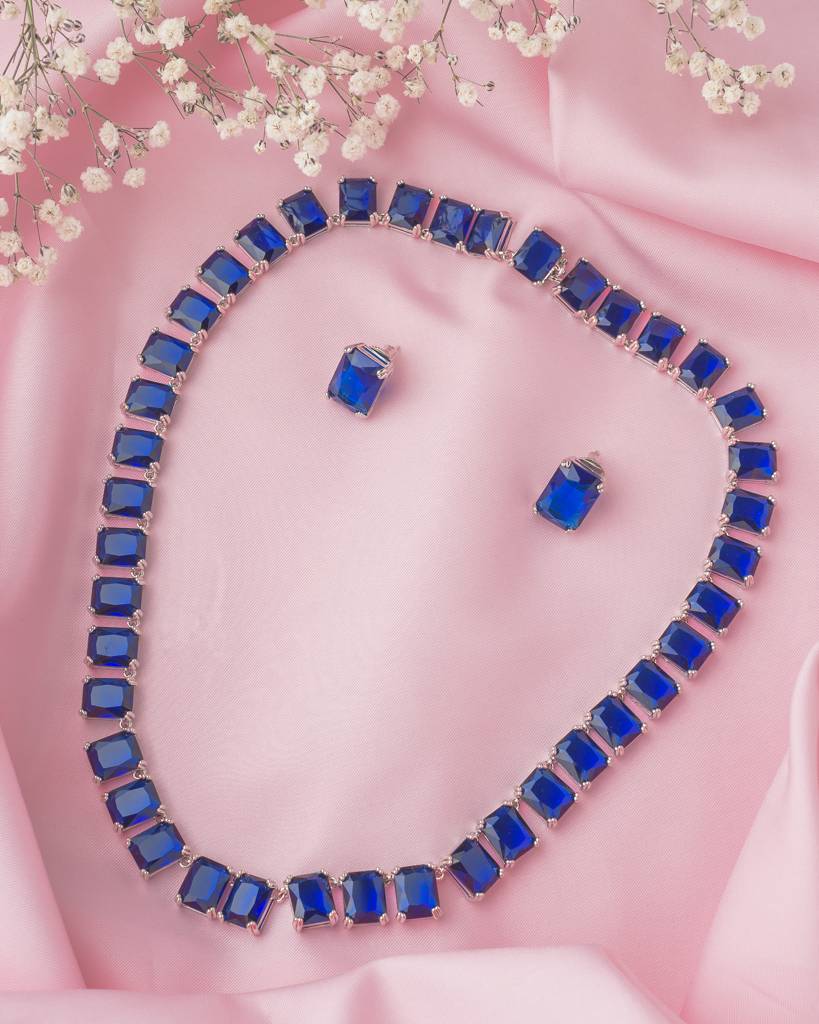 Vivinia By Vidhi Mehra Silver Plated Blue Womens Short Necklace Set With Pair Of Earrings-Vn873 : VN873