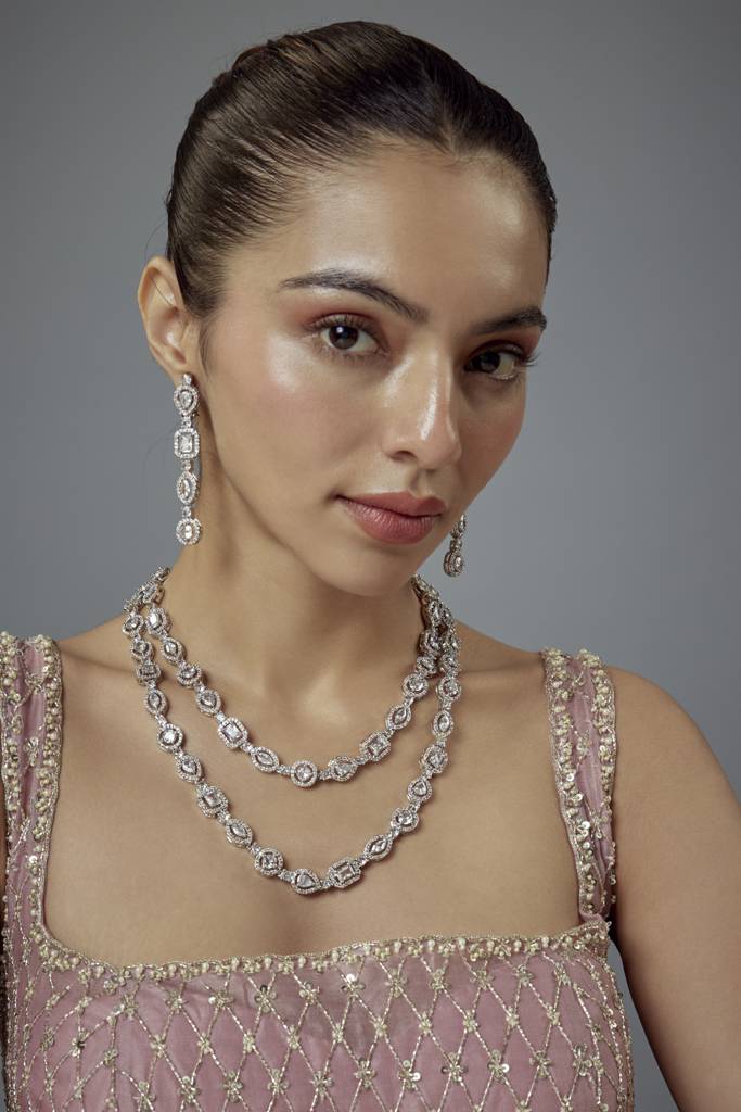 Vivinia By Vidhi Mehra Zia Silver Plated Zircon Womens Long Necklace Set With Pair Of Earrings -Vn879 : VN879