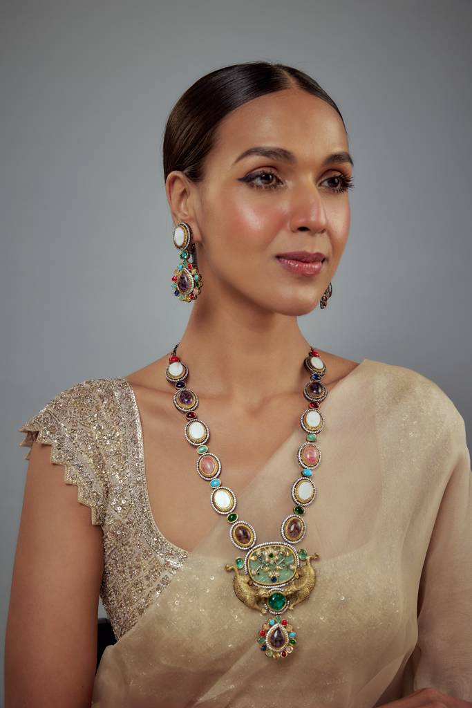 Vivinia By Vidhi Mehra Florence Silver Plated Multicolored Kundan, Polki Womens Long Necklace Set With Pair Of Earring : VN880