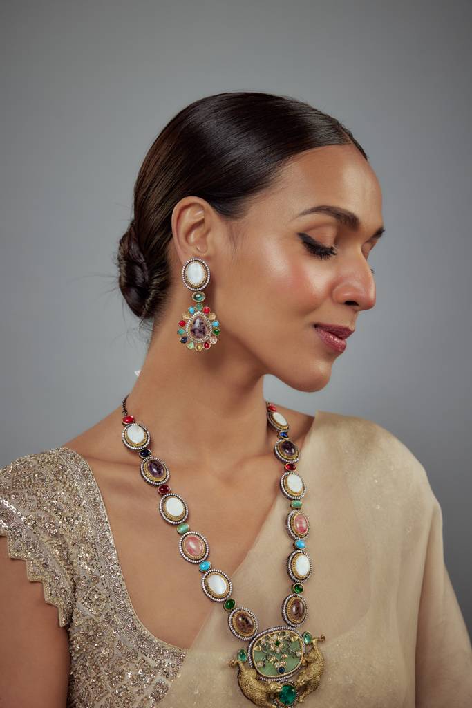 Vivinia By Vidhi Mehra Florence Silver Plated Multicolored Kundan, Polki Womens Long Necklace Set With Pair Of Earring : VN880