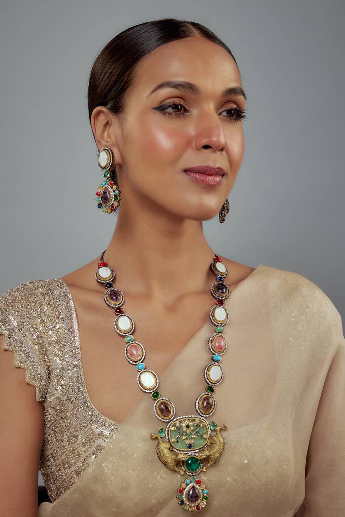 Vivinia By Vidhi Mehra Florence Silver Plated Multicolored Kundan, Polki Womens Long Necklace Set With Pair Of Earring : VN880