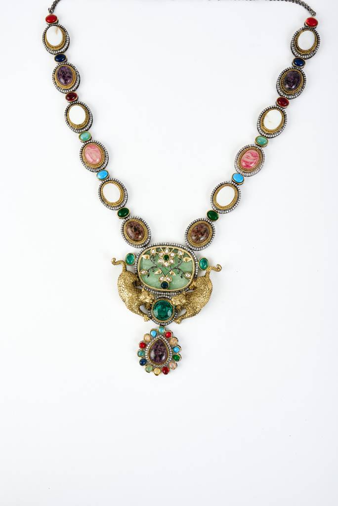 Vivinia By Vidhi Mehra Florence Silver Plated Multicolored Kundan, Polki Womens Long Necklace Set With Pair Of Earring : VN880