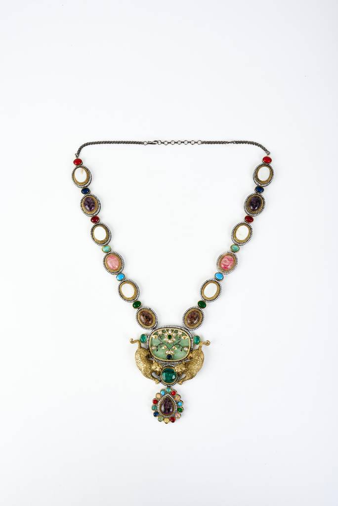 Vivinia By Vidhi Mehra Florence Silver Plated Multicolored Kundan, Polki Womens Long Necklace Set With Pair Of Earring : VN880
