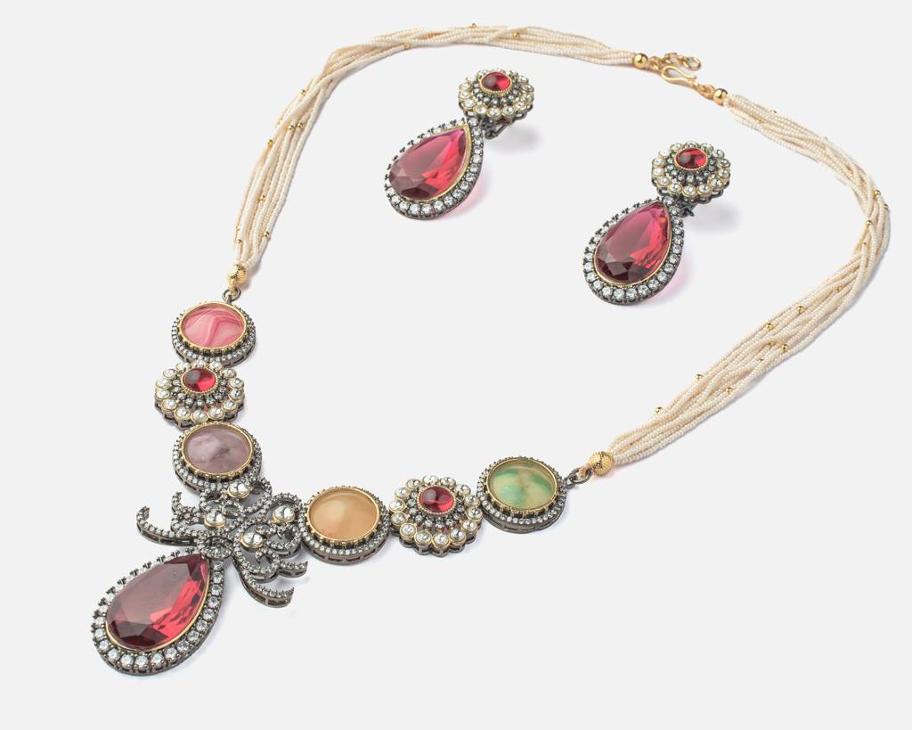 Vivinia By Vidhi Mehra Florence Silver Plated Multi Zircon Womens Long Necklace Set With Pair Of Earrings -Vn881 : VN881