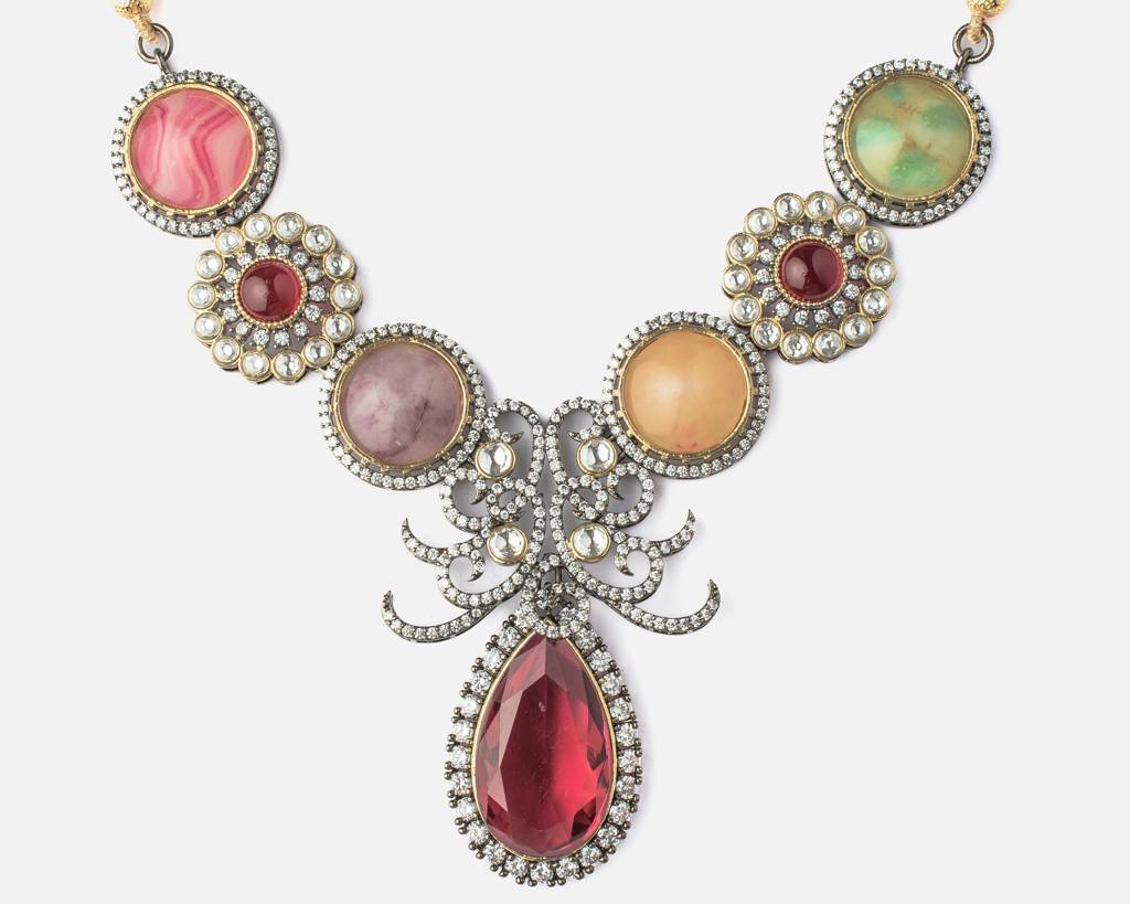 Vivinia By Vidhi Mehra Florence Silver Plated Multi Zircon Womens Long Necklace Set With Pair Of Earrings -Vn881 : VN881