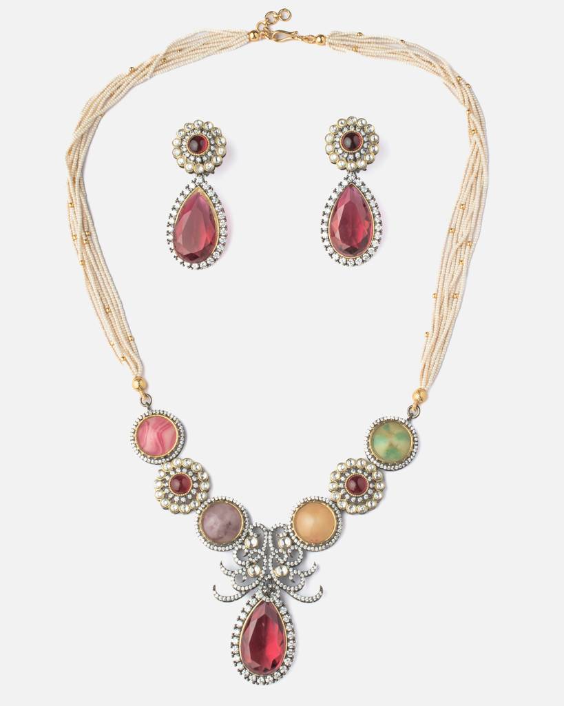 Vivinia By Vidhi Mehra Florence Silver Plated Multi Zircon Womens Long Necklace Set With Pair Of Earrings -Vn881 : VN881