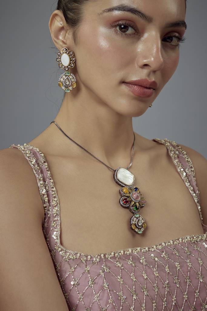 Vivinia By Vidhi Mehra Florence Silver Plated Multi Kundan, Polki Womens Long Necklace Set With Pair Of Earrings -Vn883 : VN883