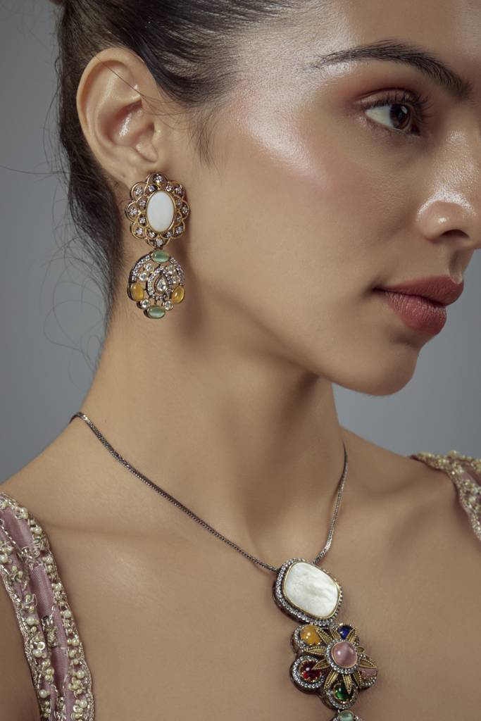 Vivinia By Vidhi Mehra Florence Silver Plated Multi Kundan, Polki Womens Long Necklace Set With Pair Of Earrings -Vn883 : VN883