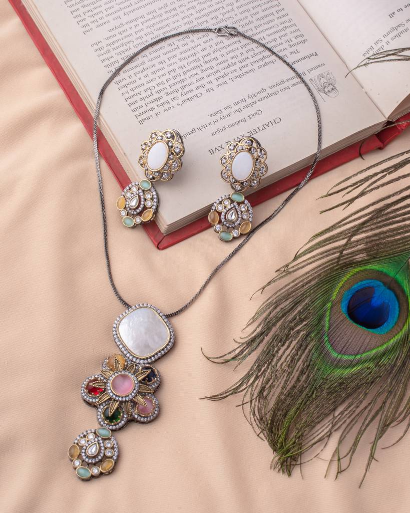 Vivinia By Vidhi Mehra Florence Silver Plated Multi Kundan, Polki Womens Long Necklace Set With Pair Of Earrings -Vn883 : VN883