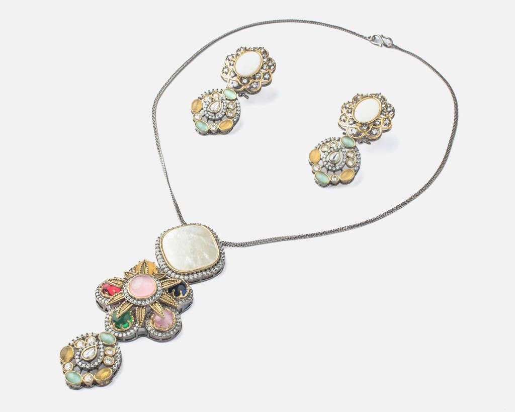 Vivinia By Vidhi Mehra Florence Silver Plated Multi Kundan, Polki Womens Long Necklace Set With Pair Of Earrings -Vn883 : VN883