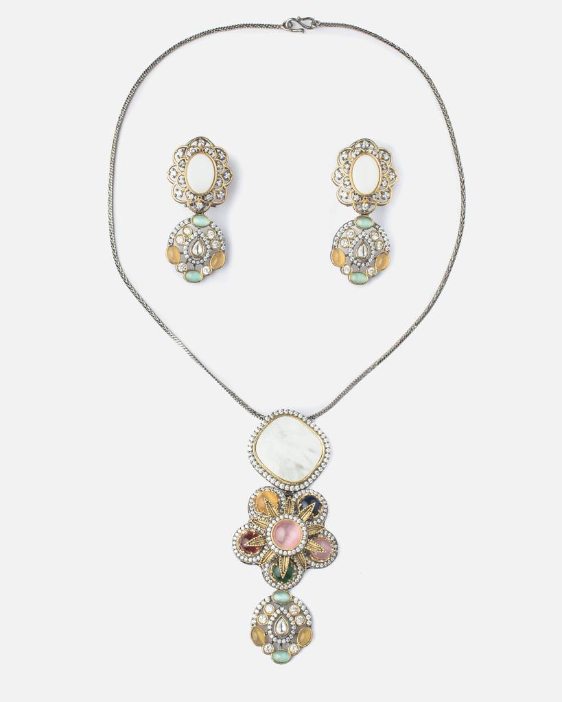 Vivinia By Vidhi Mehra Florence Silver Plated Multi Kundan, Polki Womens Long Necklace Set With Pair Of Earrings -Vn883 : VN883