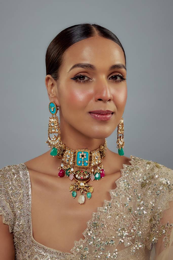 Vivinia By Vidhi Mehra Saadgi Gold Plated Multicolored Kundan, Polki Womens Choker Necklace Set With Pair Of Earrings  : VN884