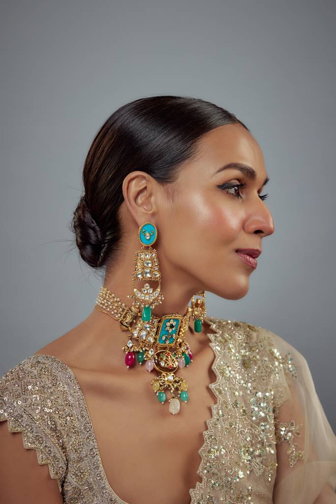 Vivinia By Vidhi Mehra Saadgi Gold Plated Multicolored Kundan, Polki Womens Choker Necklace Set With Pair Of Earrings  : VN884