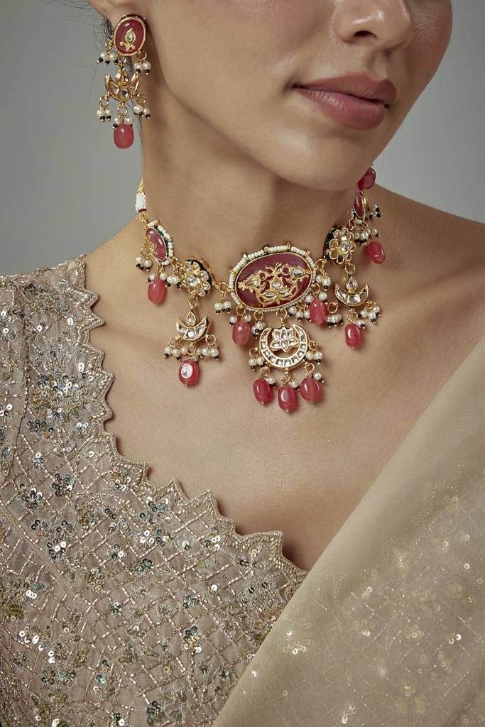 Vivinia By Vidhi Mehra Saadgi Gold Plated Pink Kundan, Polki Womens Choker Necklace Set With Pair Of Earrings -Vn888 : VN888