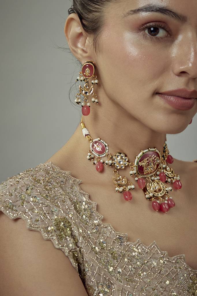 Vivinia By Vidhi Mehra Saadgi Gold Plated Pink Kundan, Polki Womens Choker Necklace Set With Pair Of Earrings -Vn888 : VN888