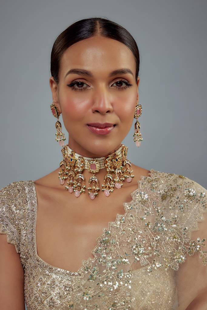 Vivinia By Vidhi Mehra Saadgi Gold Plated Pink Kundan, Polki Womens Choker Necklace Set With Pair Of Earrings (Freesiz : VN889