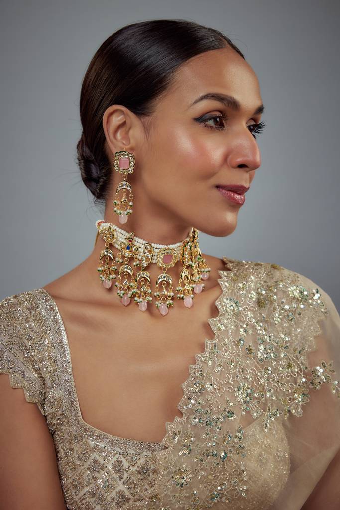 Vivinia By Vidhi Mehra Saadgi Gold Plated Pink Kundan, Polki Womens Choker Necklace Set With Pair Of Earrings (Freesiz : VN889