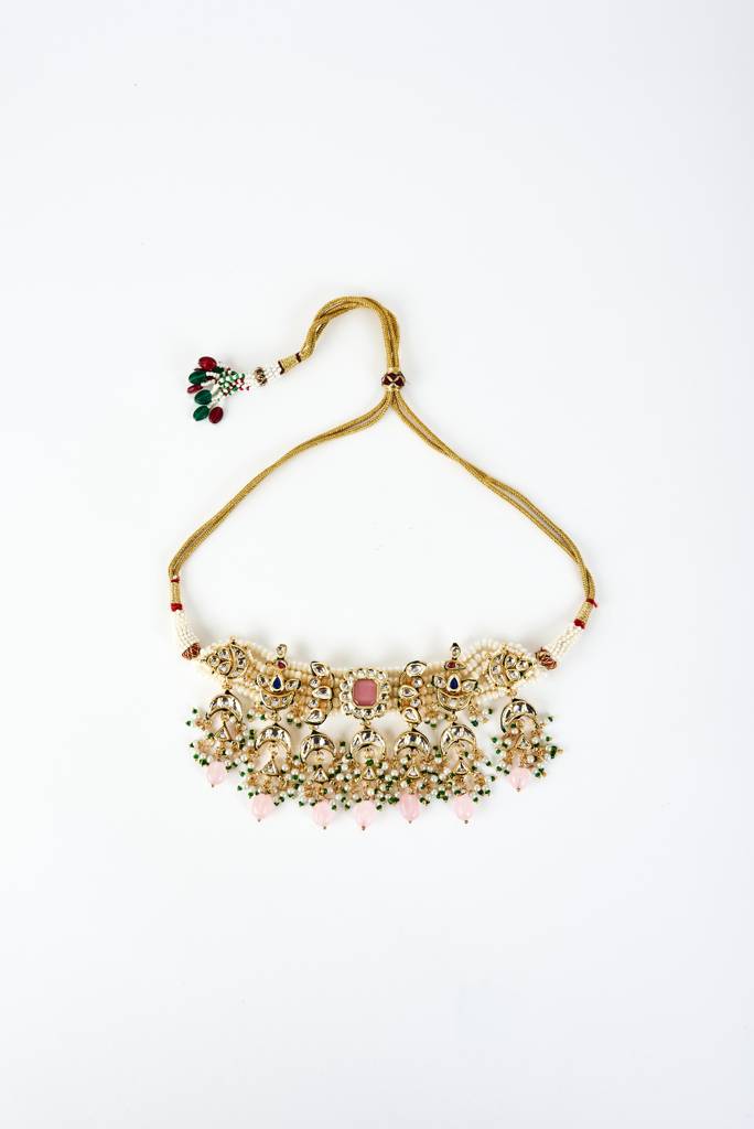 Vivinia By Vidhi Mehra Saadgi Gold Plated Pink Kundan, Polki Womens Choker Necklace Set With Pair Of Earrings (Freesiz : VN889