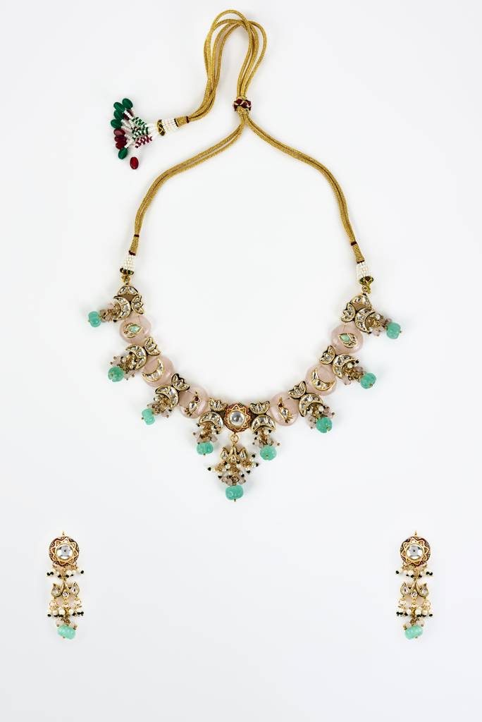 Vivinia By Vidhi Mehra Saadgi Gold Plated Green Kundan, Polki Womens Short Necklace Set With Pair Of Earrings -Vn890 : VN890